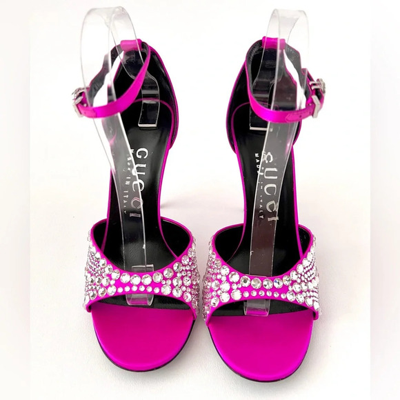 New GUCCI Crystal GG Embellished Hot Pink Fuchsia Satin Heel Sandal Ankle Strap - Picture 6 of 14